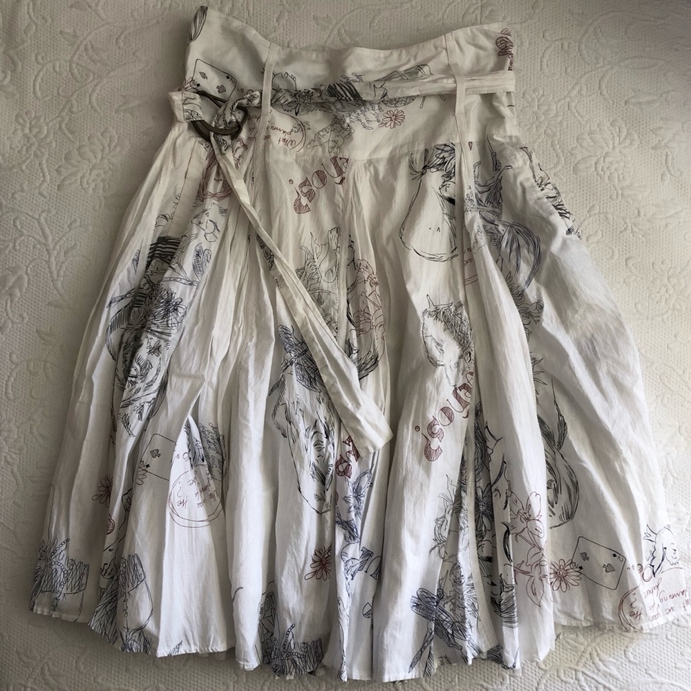 Desigual White Midi Skirt with Black and Brown Sketch Print